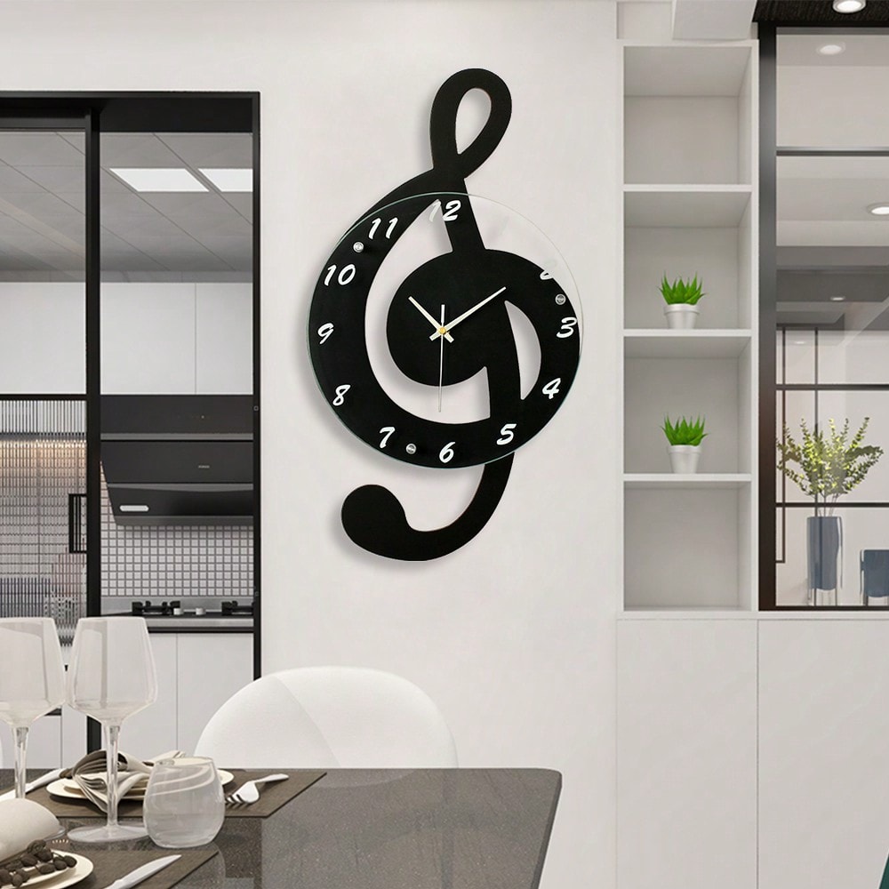 Silent Modern Musical Note Glass Wall Clock for Living Room, Decorative Glass Hanging Clock, Music Theme Wall Decor