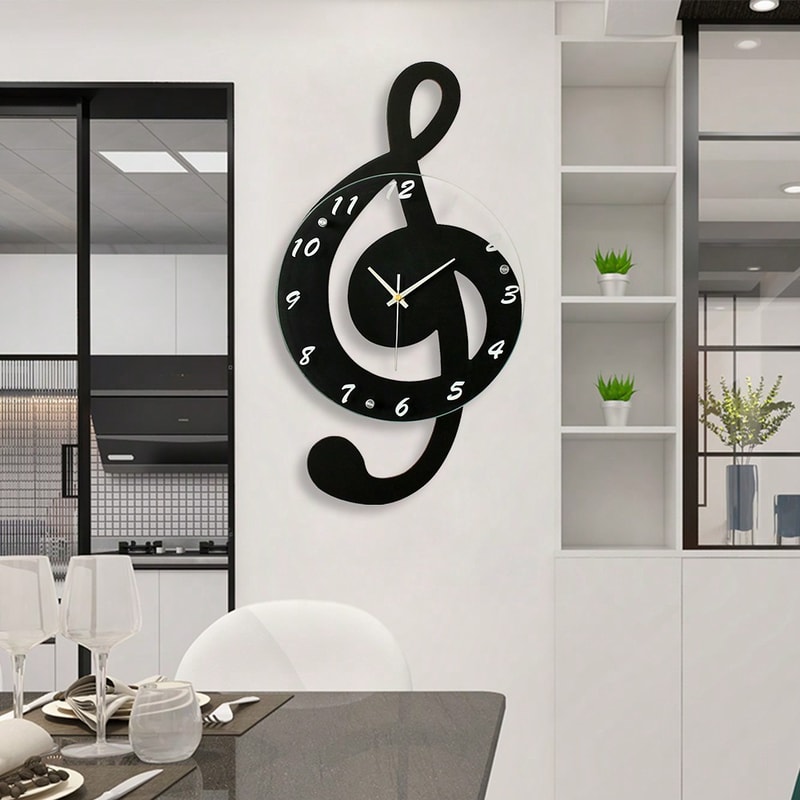 Silent Modern Musical Note Glass Wall Clock for Living Room, Decorative Glass Hanging Clock, Music Theme Wall Decor