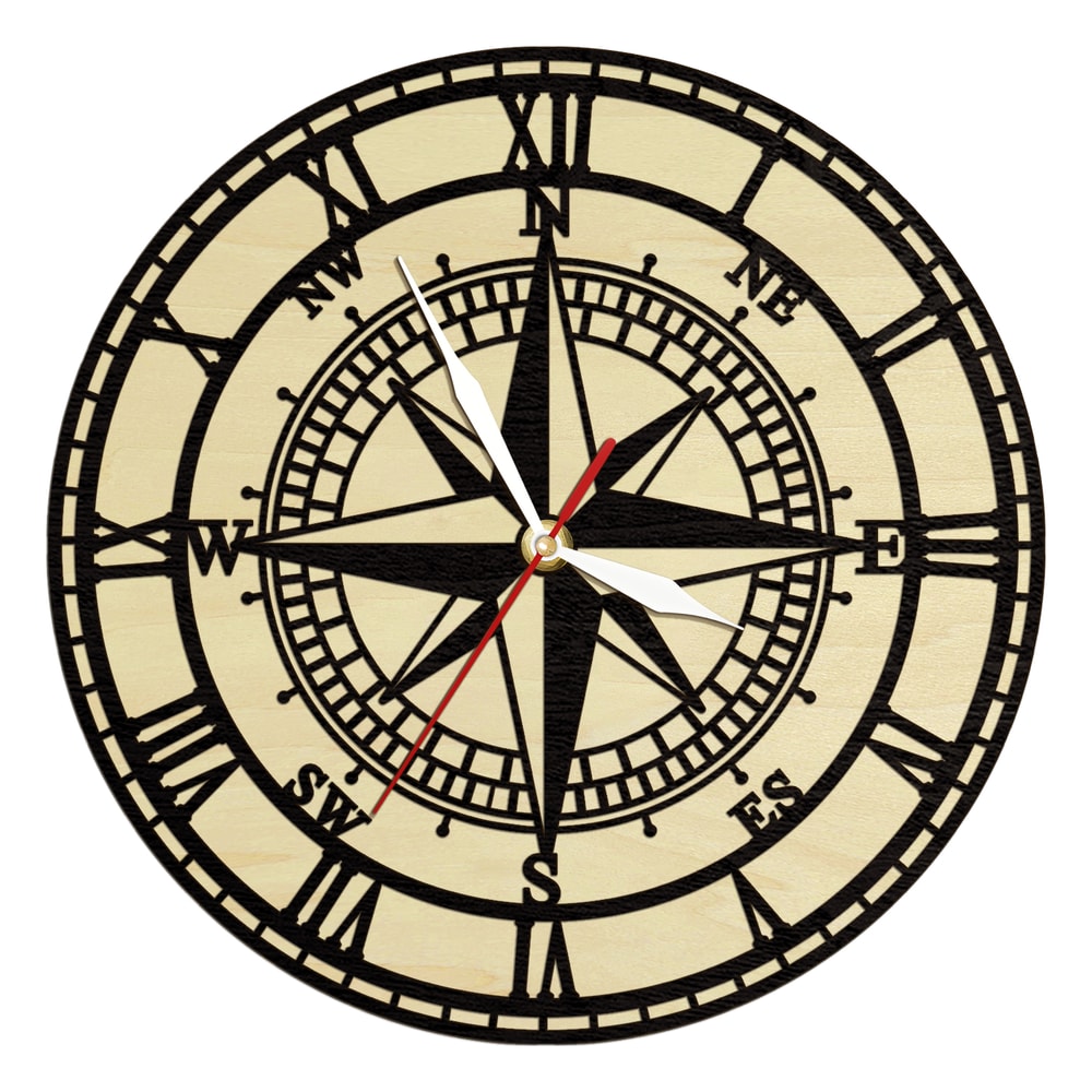 Compass Rose Wooden Wall Clock, Vintage Nautical Wood Living Hinge Clock, Coastal Laser Engraved Home Decor