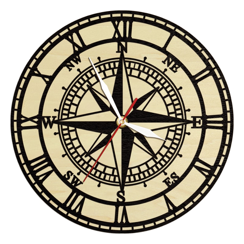 Compass Rose Wooden Wall Clock, Vintage Nautical Wood Living Hinge Clock, Coastal Laser Engraved Home Decor