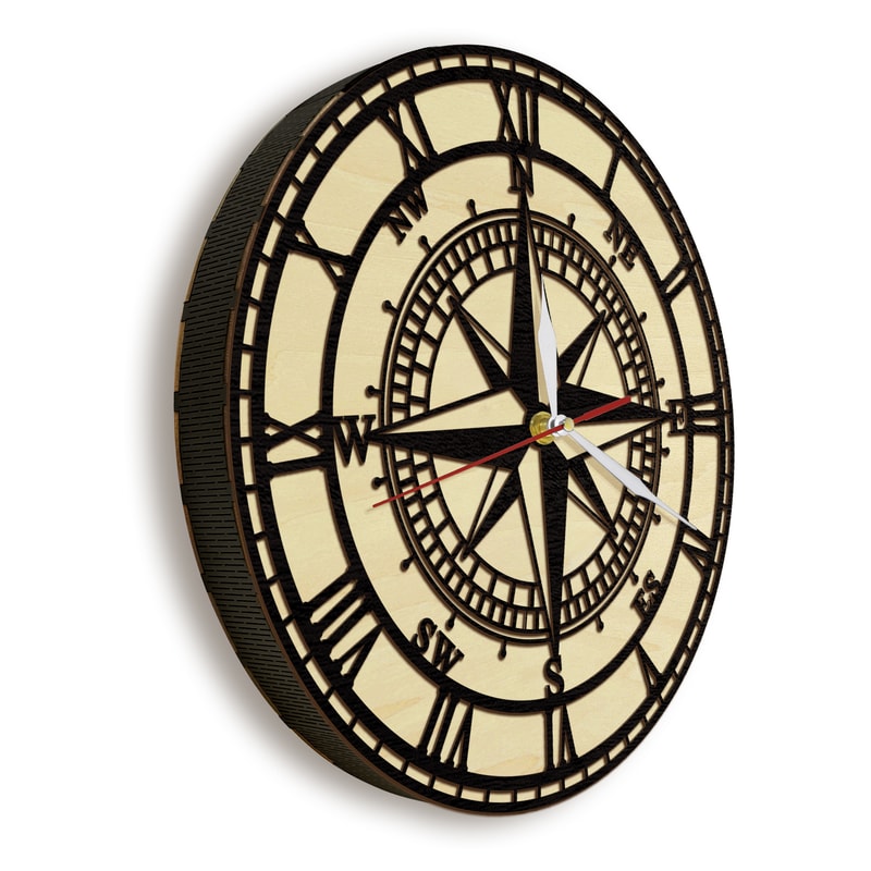 Compass Rose Wooden Wall Clock, Vintage Nautical Wood Living Hinge Clock, Coastal Laser Engraved Home Decor