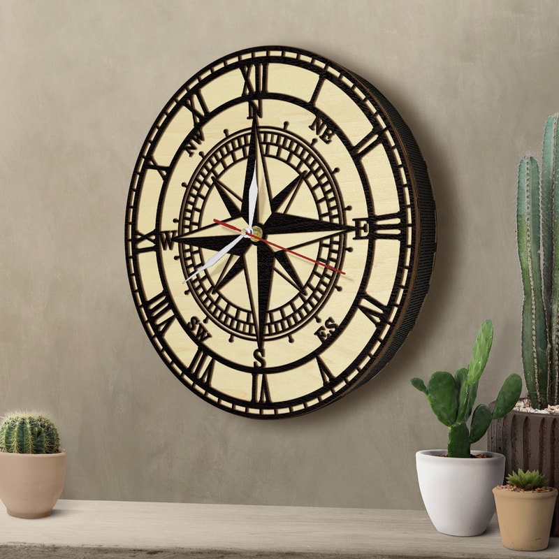 Compass Rose Wooden Wall Clock, Vintage Nautical Wood Living Hinge Clock, Coastal Laser Engraved Home Decor