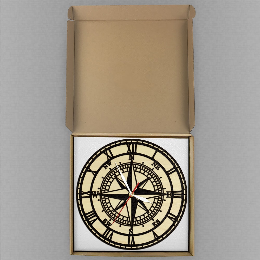 Compass Rose Wooden Wall Clock, Vintage Nautical Wood Living Hinge Clock, Coastal Laser Engraved Home Decor