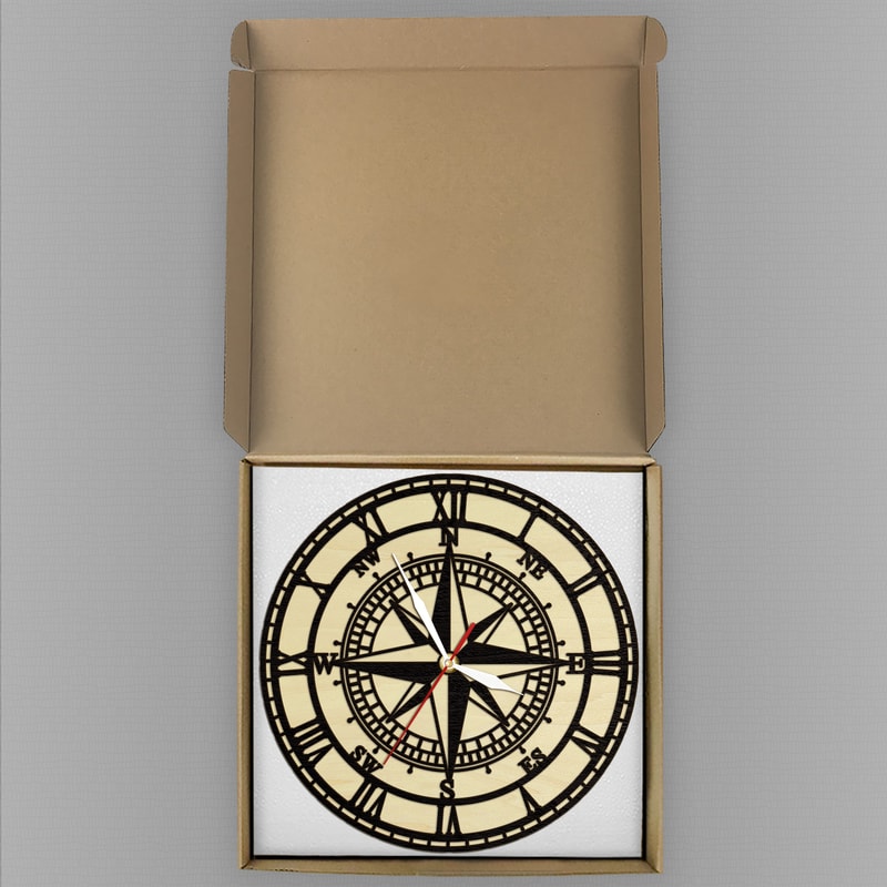Compass Rose Wooden Wall Clock, Vintage Nautical Wood Living Hinge Clock, Coastal Laser Engraved Home Decor