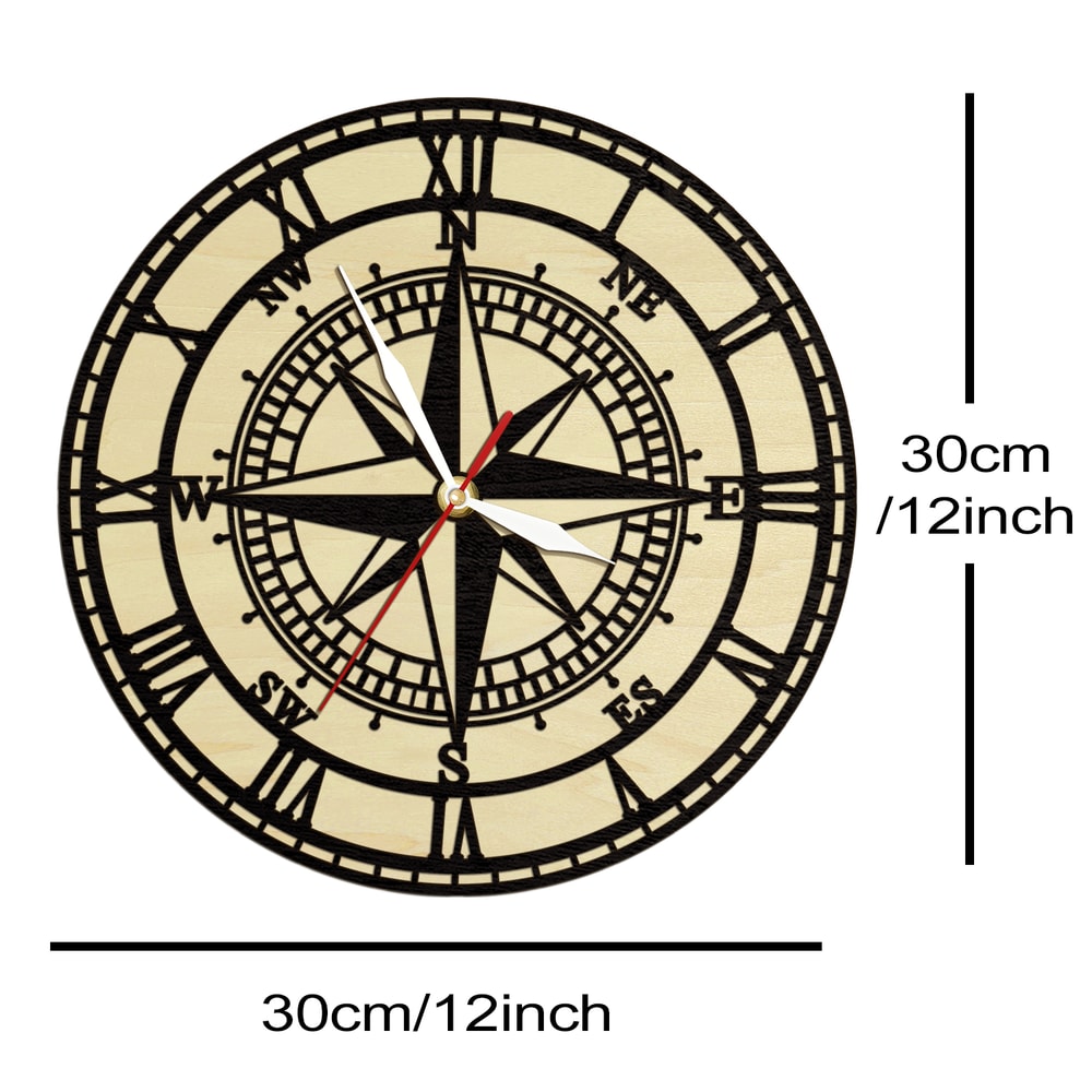 Compass Rose Wooden Wall Clock, Vintage Nautical Wood Living Hinge Clock, Coastal Laser Engraved Home Decor