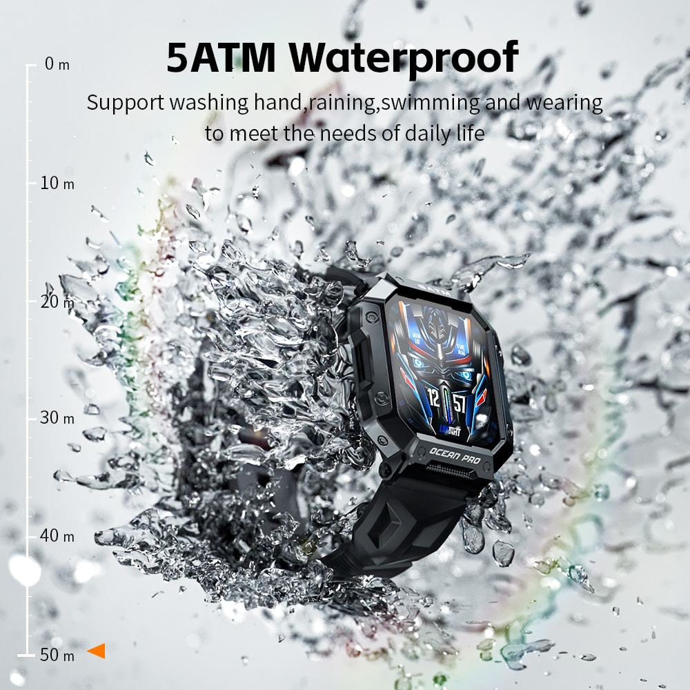 LOKMAT Ocean Pro Sport Smart Watch 5ATM Waterproof, Rugged Smartwatches, Full Touch Screen Fitness Tracker Heart Rate