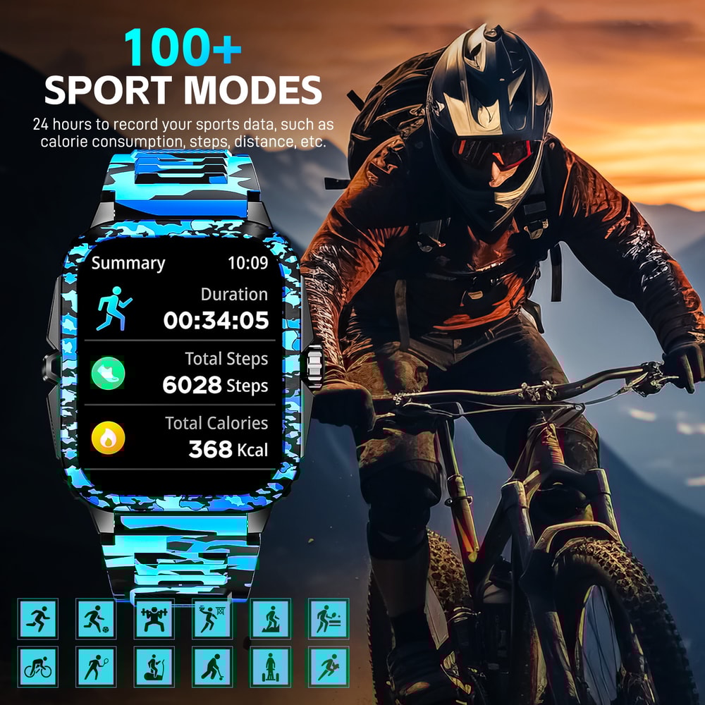 Smart Watch Waterproof Men Fitness Tracker, Bluetooth Call, Heart Rate, Original Camouflage Design