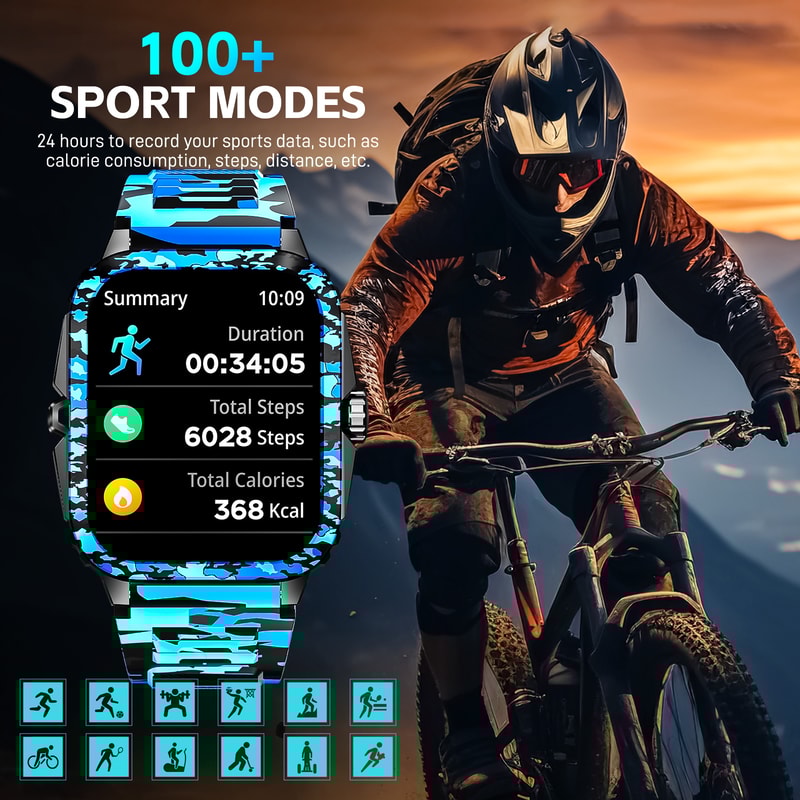 Smart Watch Waterproof Men Fitness Tracker, Bluetooth Call, Heart Rate, Original Camouflage Design