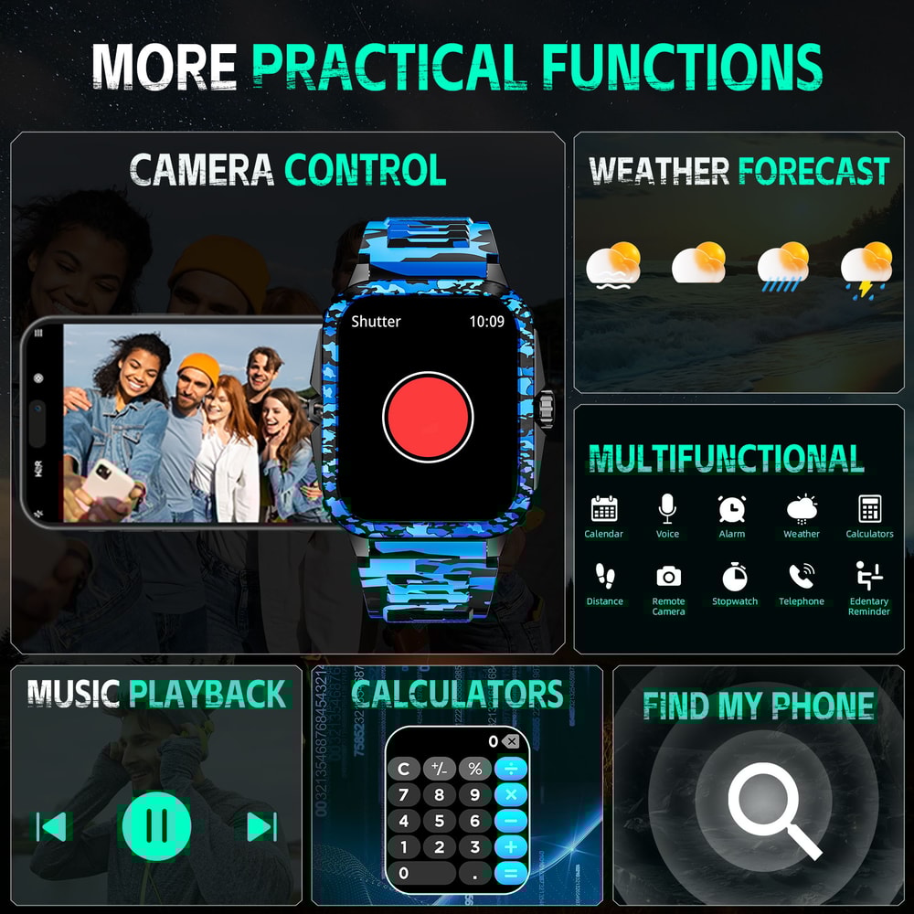 Smart Watch Waterproof Men Fitness Tracker, Bluetooth Call, Heart Rate, Original Camouflage Design