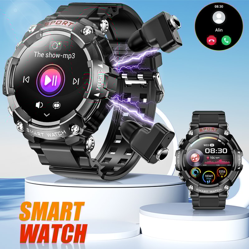 AMOLED Display Smart Watch with In-Ear Bluetooth Headset, Heart Rate, Blood Pressure, Oxygen Saturation, HD Audio
