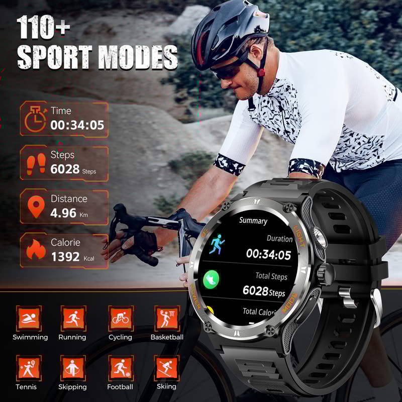 KT76 Smart Watch Waterproof Men Sport, Compass, LED Flashlight, Heart Rate Monitor, Sleep, Bluetooth Call