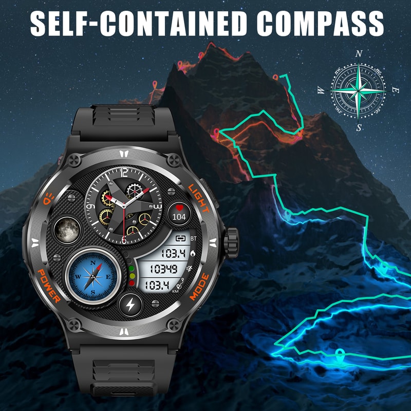 KT76 Smart Watch Waterproof Men Sport, Compass, LED Flashlight, Heart Rate Monitor, Sleep, Bluetooth Call