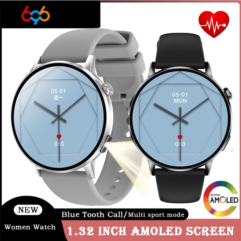 Newest Women AMOLED Screen Bluetooth Call Smart Watch, Heart Rate Monitor, Multifunctional Flashlight, Voice Assistant