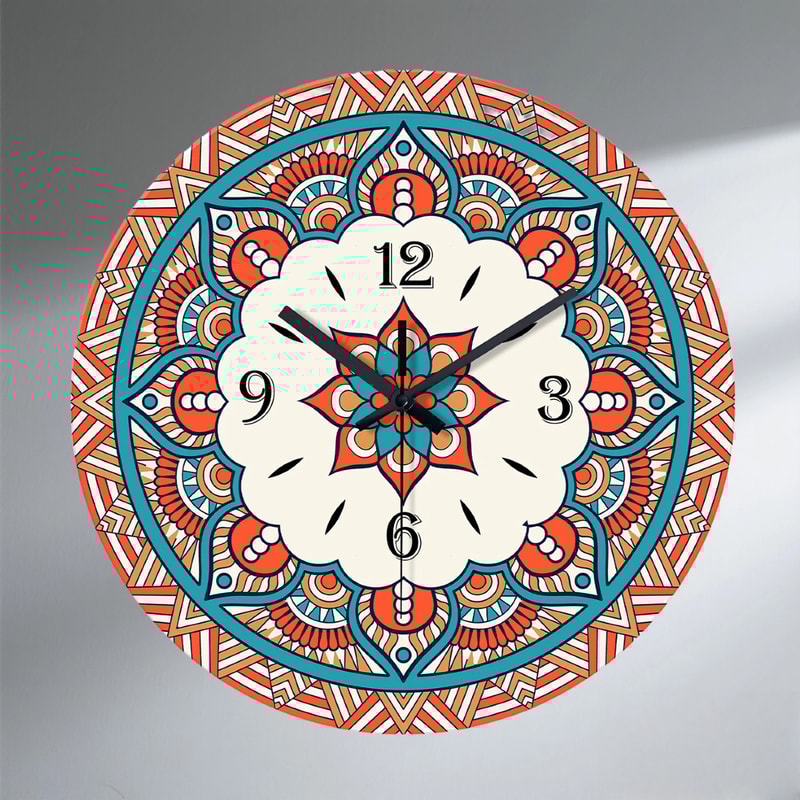 Mandala Wall Clock 12 Inch, Silent Quartz Round Non-Ticking, Tempered Glass Boho Chic Home Office Decor Gift