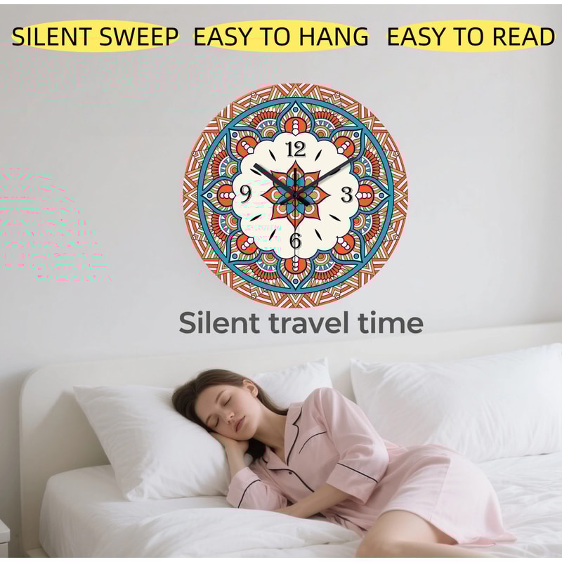 Mandala Wall Clock 12 Inch, Silent Quartz Round Non-Ticking, Tempered Glass Boho Chic Home Office Decor Gift
