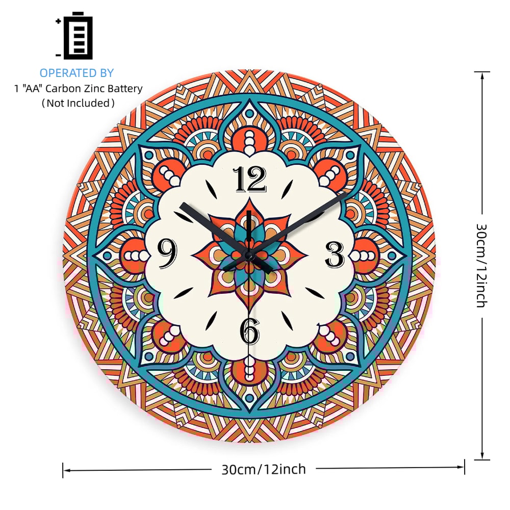 Mandala Wall Clock 12 Inch, Silent Quartz Round Non-Ticking, Tempered Glass Boho Chic Home Office Decor Gift