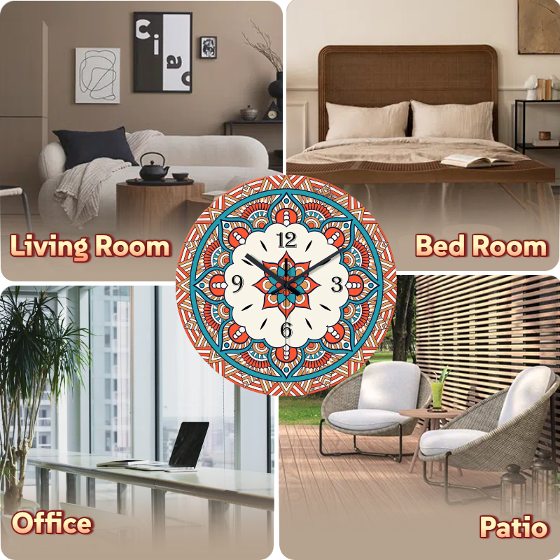 Mandala Wall Clock 12 Inch, Silent Quartz Round Non-Ticking, Tempered Glass Boho Chic Home Office Decor Gift