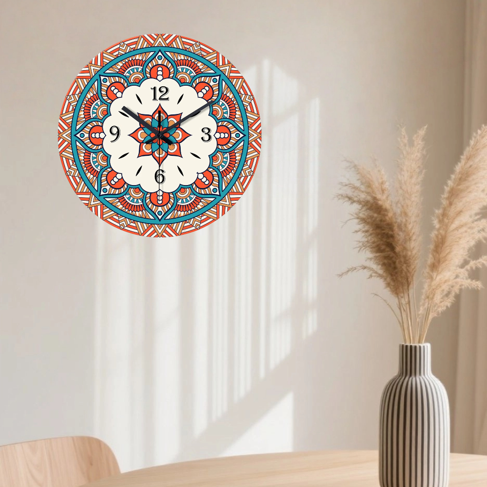 Mandala Wall Clock 12 Inch, Silent Quartz Round Non-Ticking, Tempered Glass Boho Chic Home Office Decor Gift