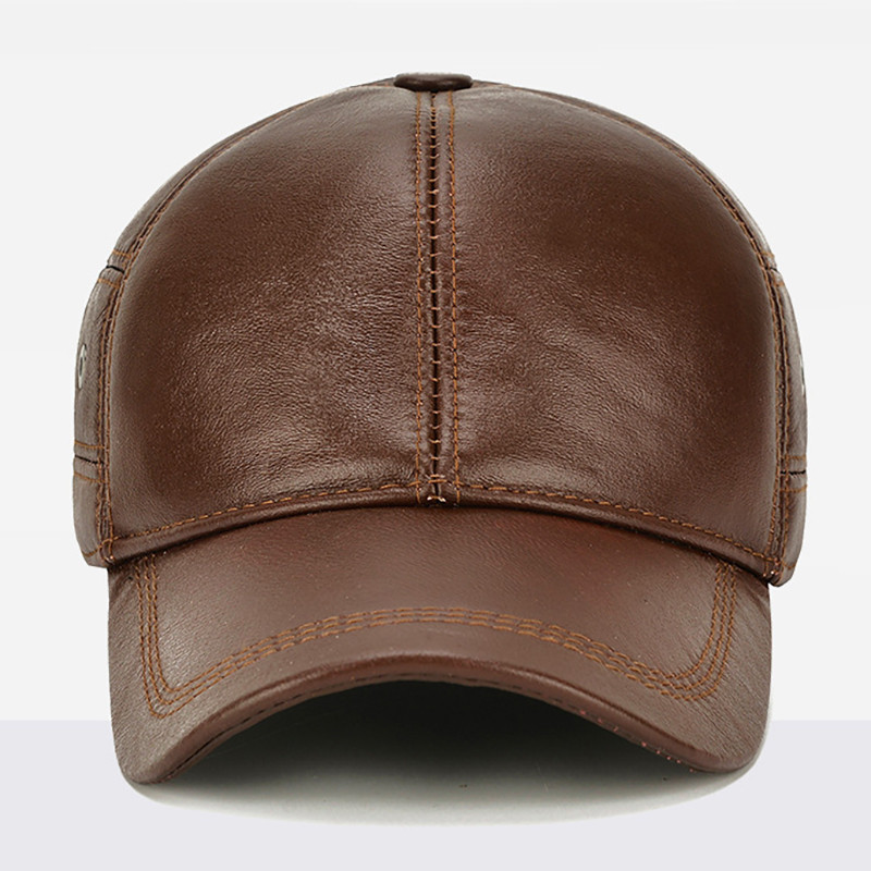 Men Real Cowhide Leather Cap Winter Warm Outdoor Ear Protection Adjustable New Style Baseball Hat 0
