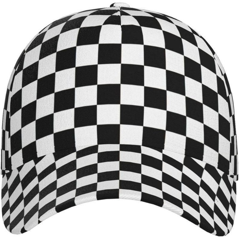 Black White Checkered Flag Baseball Hats Men Women Adjustable Snapback Cap, Checkered Trucker Cap Racing Style Headwear