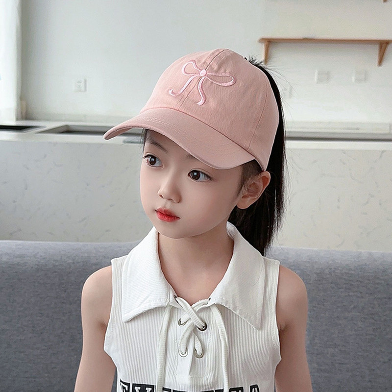 Kids New High Ponytail Baseball Caps, Girls Boys Sun Hats Bowknot Embroidery, Hollow Top Hats, Children Sun Protection