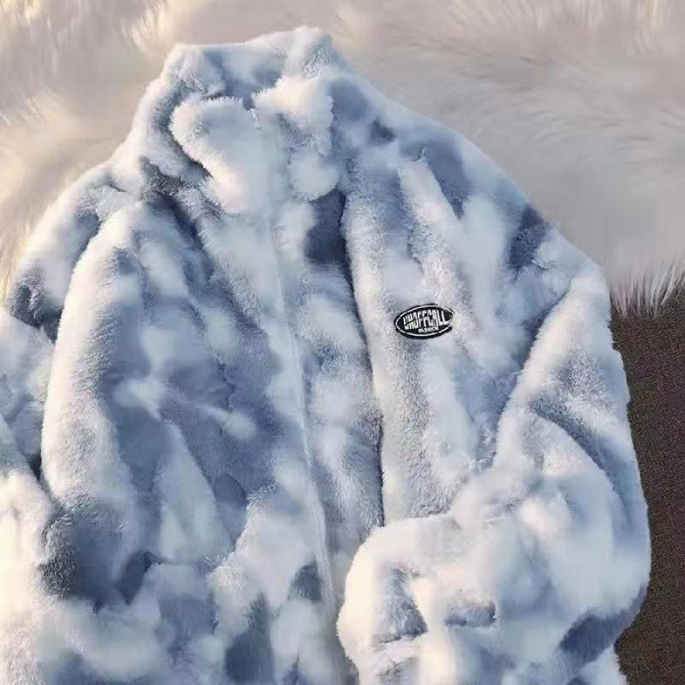 Women Tie Dye Lamb Fleece Jacket, Autumn Winter Warm Coat, Zipper Plush Outerwear, Casual Loose Thick Jacket for Ladies
