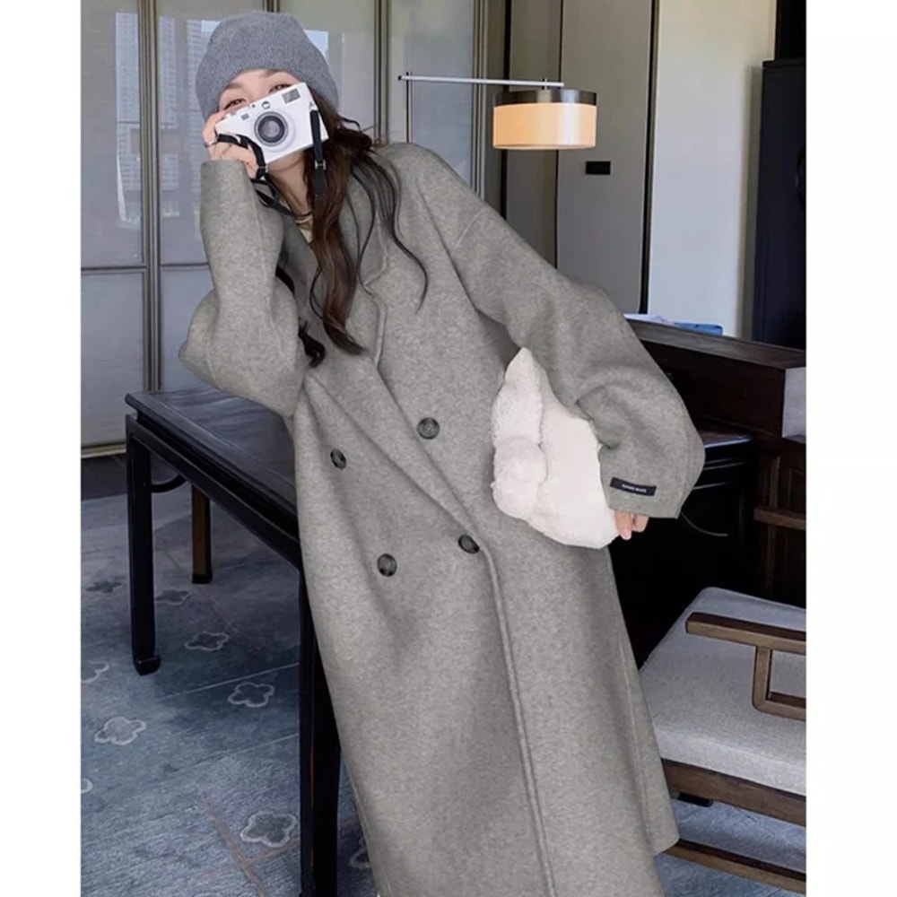 Autumn Winter Women Woolen Coat Elegant Purple Apricot MidLong Jacket Sweet Lady Chic Style Thermal 0