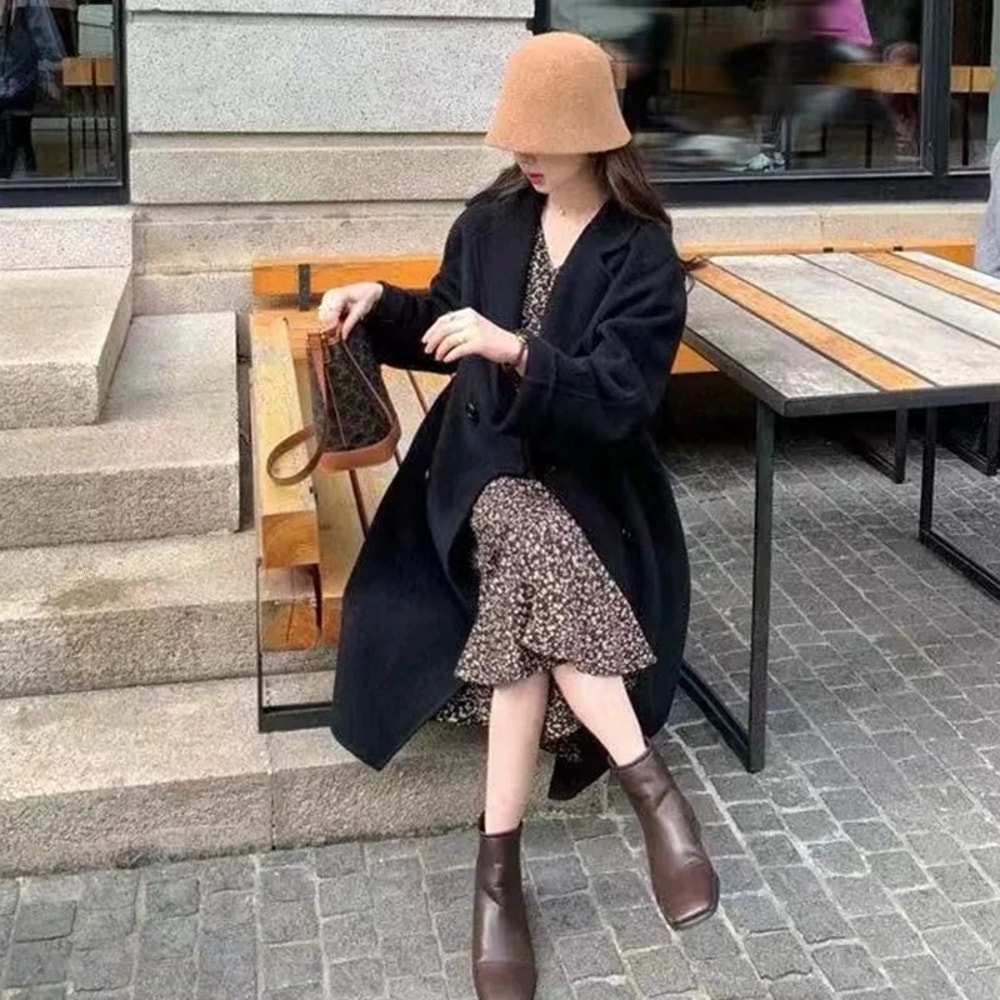 Autumn Winter Women Woolen Coat Elegant Purple Apricot MidLong Jacket Sweet Lady Chic Style Thermal 1