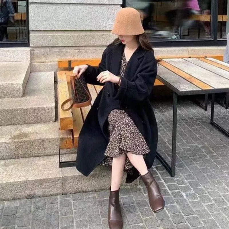 Autumn Winter Women Woolen Coat Elegant Purple Apricot MidLong Jacket Sweet Lady Chic Style Thermal 1