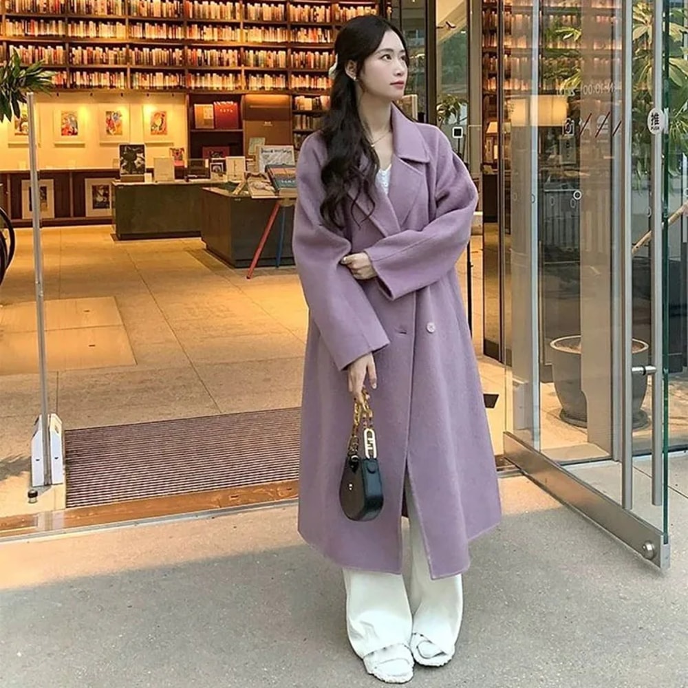 Autumn Winter Women Woolen Coat Elegant Purple Apricot MidLong Jacket Sweet Lady Chic Style Thermal 2