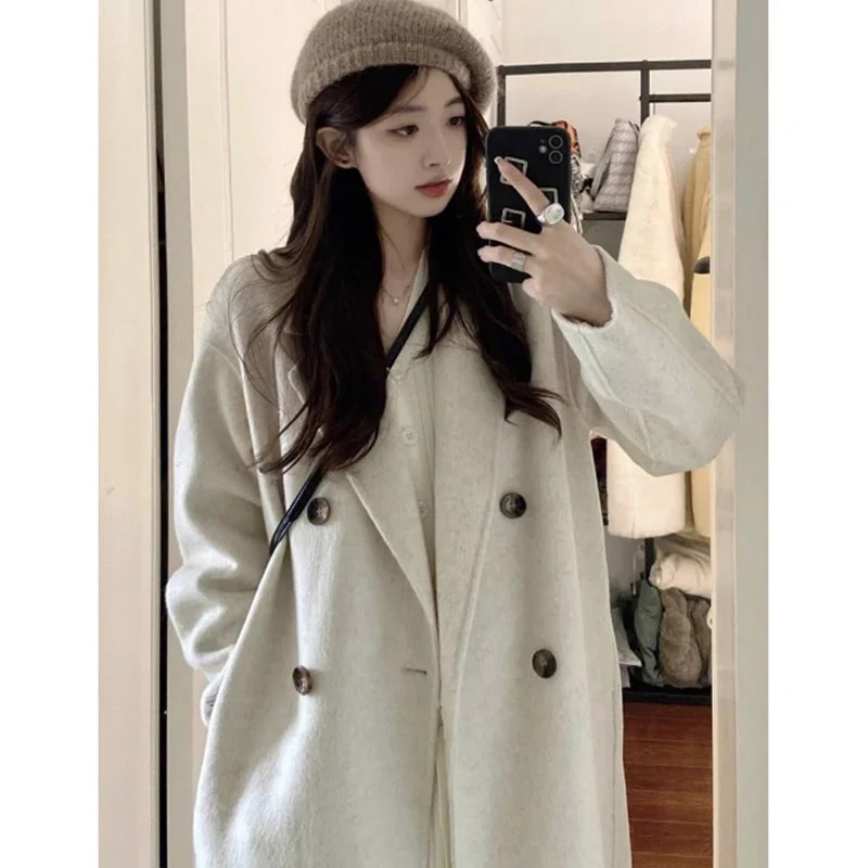 Autumn Winter Women Woolen Coat Elegant Purple Apricot MidLong Jacket Sweet Lady Chic Style Thermal 6
