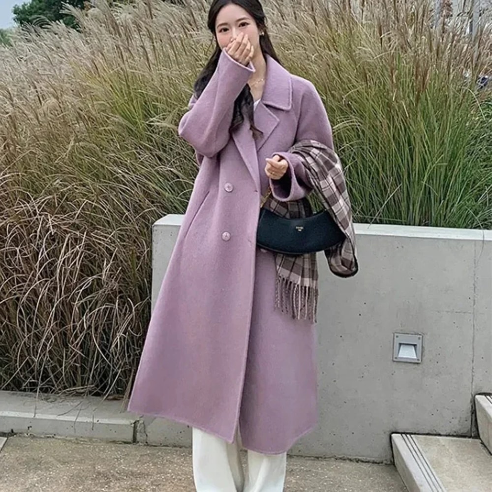 Autumn Winter Women Woolen Coat Elegant Purple Apricot MidLong Jacket Sweet Lady Chic Style Thermal 9