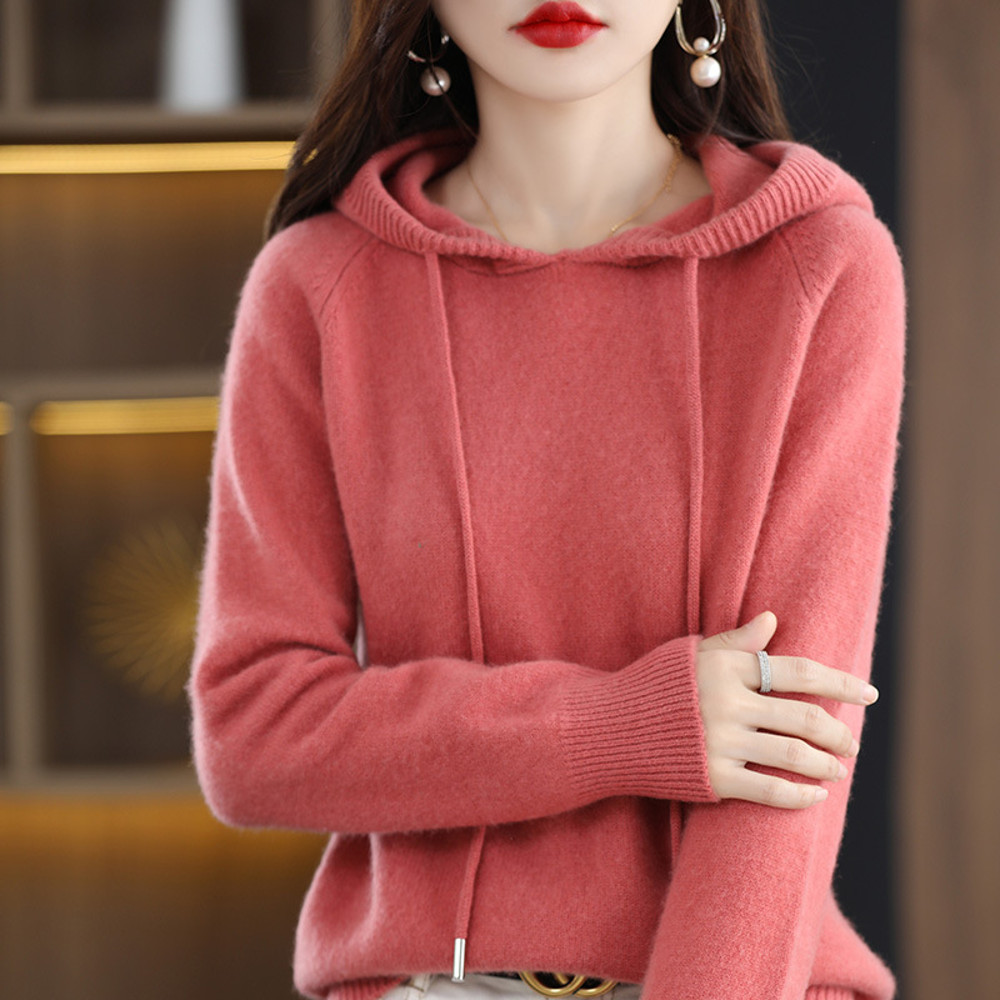 Cashmere Hooded Sweater Women, Autumn Winter Long Sleeve Solid Color Knitted Hoodies