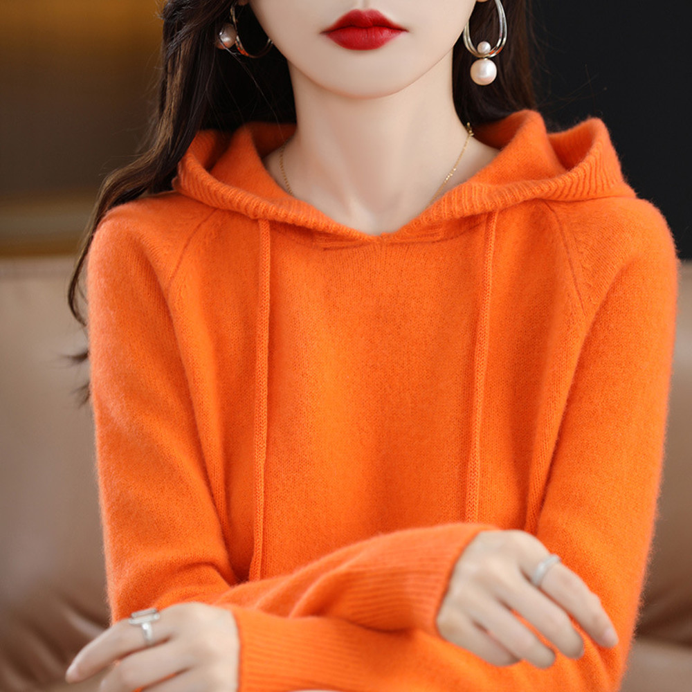Cashmere Hooded Sweater Women, Autumn Winter Long Sleeve Solid Color Knitted Hoodies