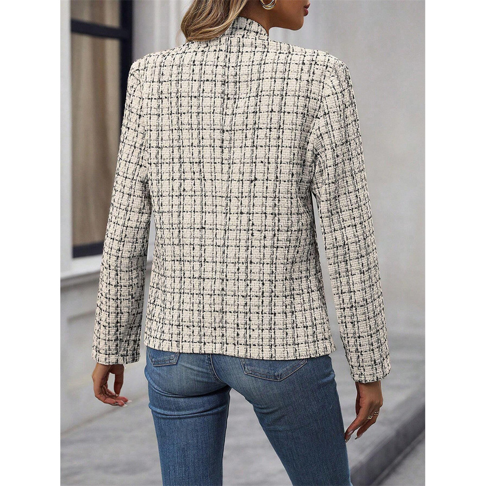 Women Fashion Casual Cardigan Plaid Cropped Blazer Vintage Long Sleeve Chic Female Slim Outerwear O 2