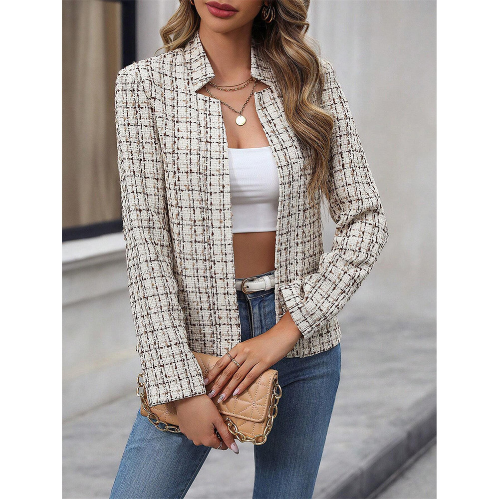 Women Fashion Casual Cardigan Plaid Cropped Blazer Vintage Long Sleeve Chic Female Slim Outerwear O 3
