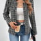 Women Fashion Casual Cardigan Plaid Cropped Blazer Vintage Long Sleeve Chic Female Slim Outerwear O 5