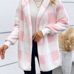 winter thick color-blocked womens cardigan, loose ribbed plaid sweater, warm plush cold-resistance new cozy clothes