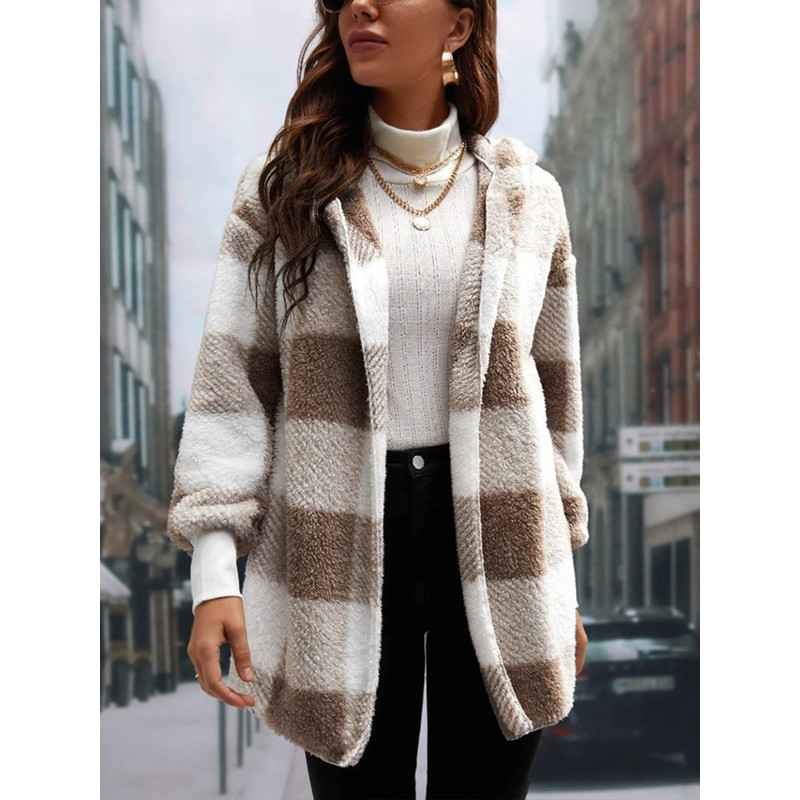 Winter Thick Color-blocked Womens Cardigan, Loose Ribbed Plaid Sweater, Warm Plush Cold-Resistance New Cozy Clothes