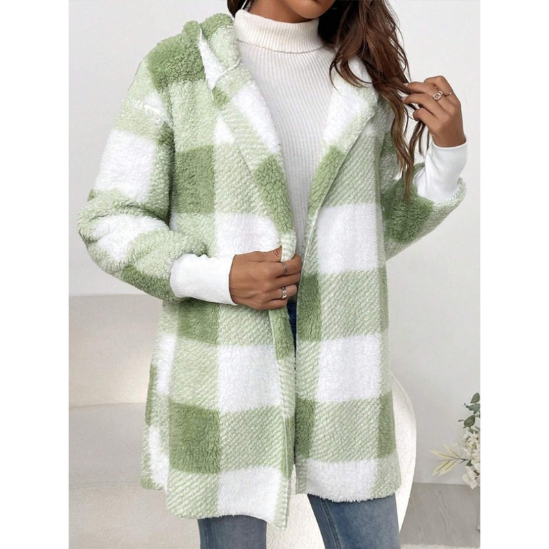 Winter Thick Color-blocked Womens Cardigan, Loose Ribbed Plaid Sweater, Warm Plush Cold-Resistance New Cozy Clothes