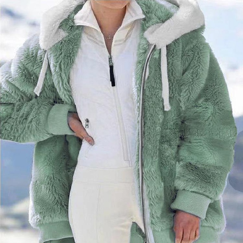 New Style Loose Plush Autumn Winter Zipper Hooded Jacket Woman