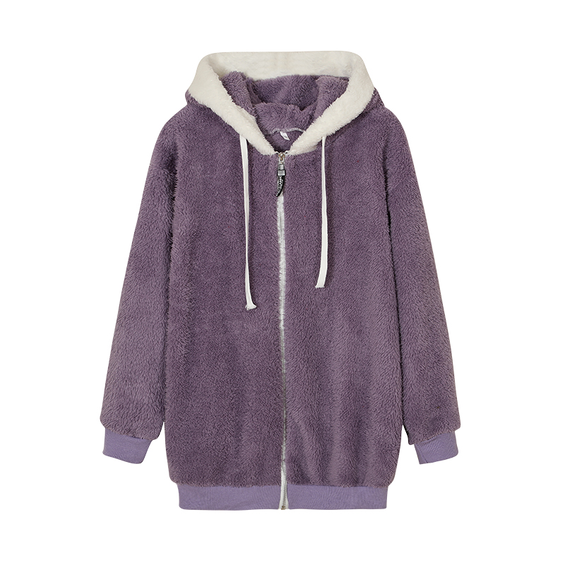 New Style Loose Plush Autumn Winter Zipper Hooded Jacket Woman