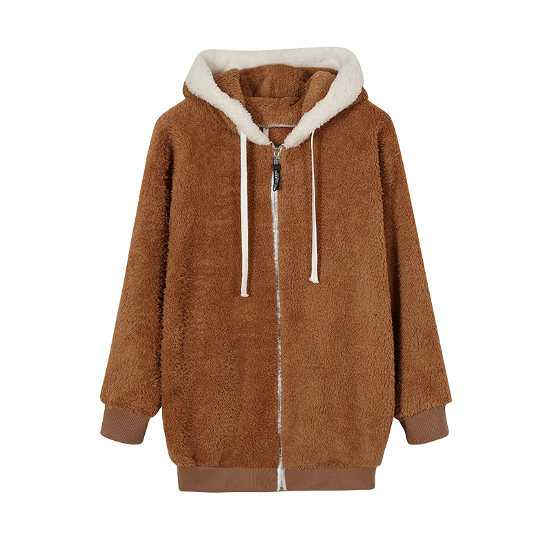 New Style Loose Plush Autumn Winter Zipper Hooded Jacket Woman