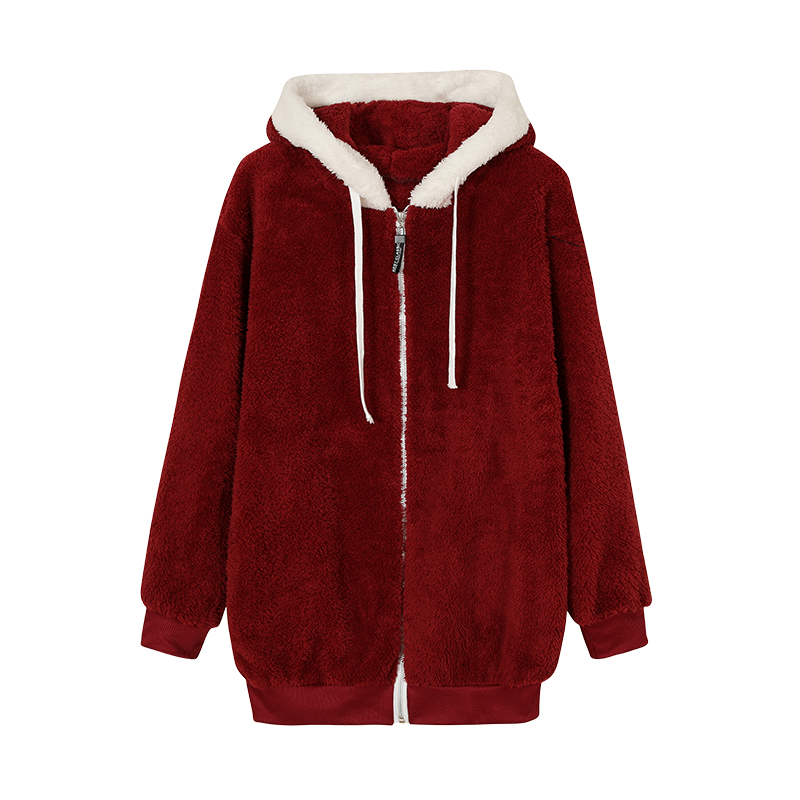 New Style Loose Plush Autumn Winter Zipper Hooded Jacket Woman