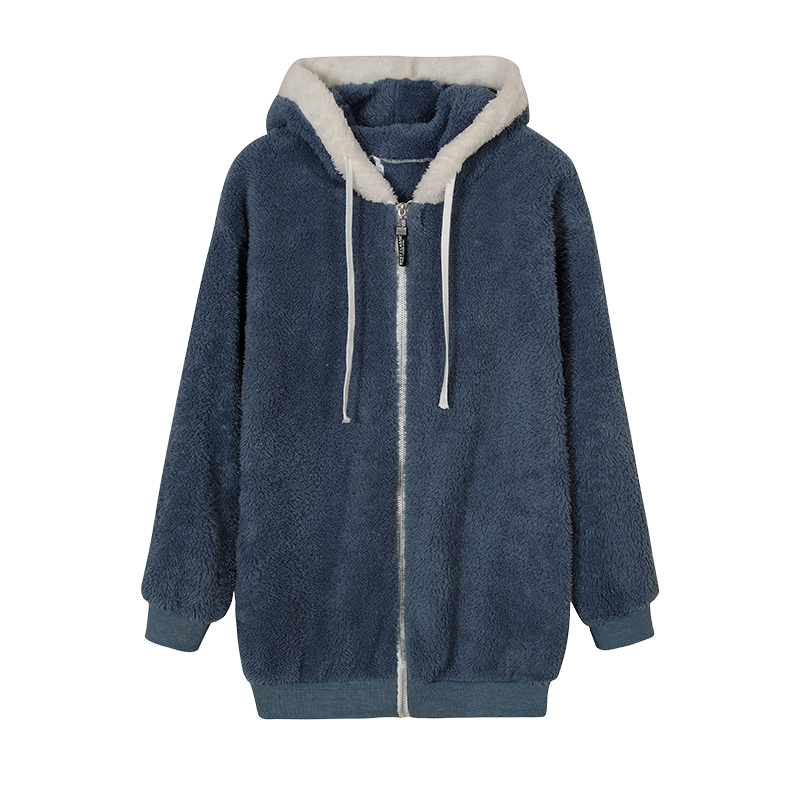New Style Loose Plush Autumn Winter Zipper Hooded Jacket Woman