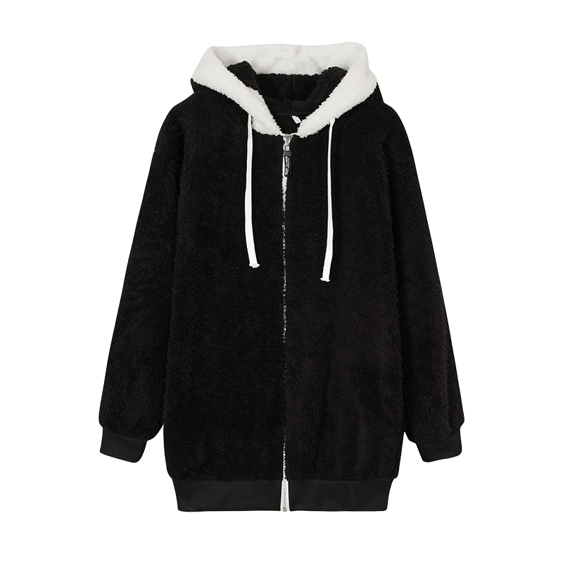 New Style Loose Plush Autumn Winter Zipper Hooded Jacket Woman