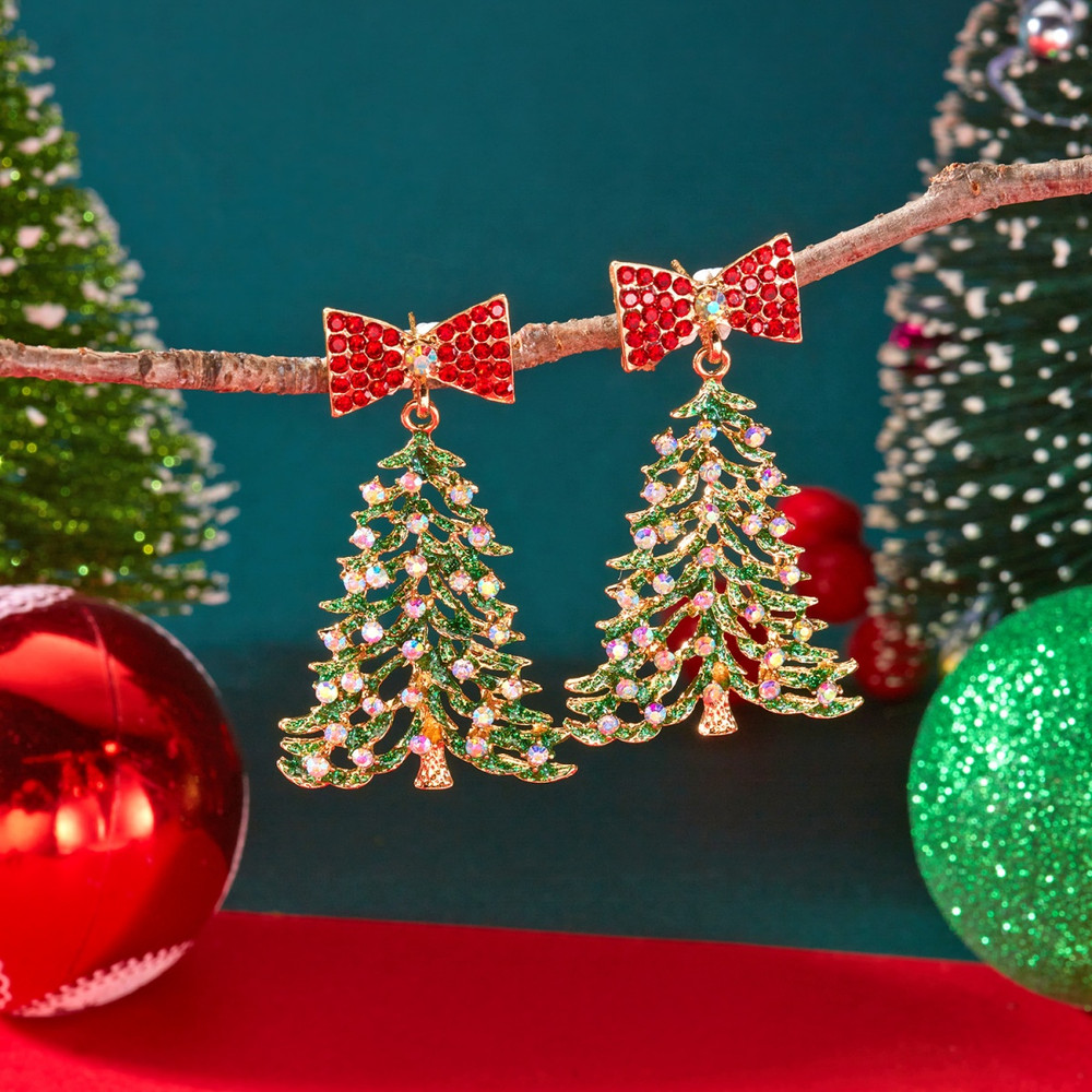 Exquisite Bow Tree Dangle, Christmas Colorful Rhinestone, Bowknot Tree Drop Earrings, Earring Jewelry Party Gift