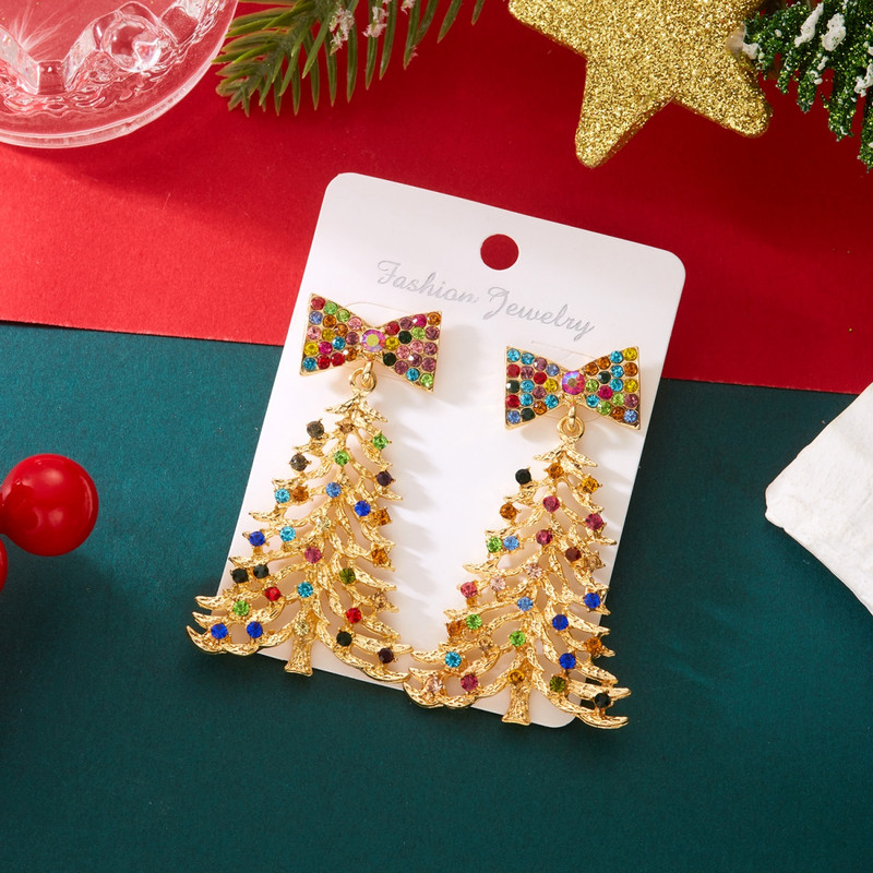 Exquisite Bow Tree Dangle, Christmas Colorful Rhinestone, Bowknot Tree Drop Earrings, Earring Jewelry Party Gift