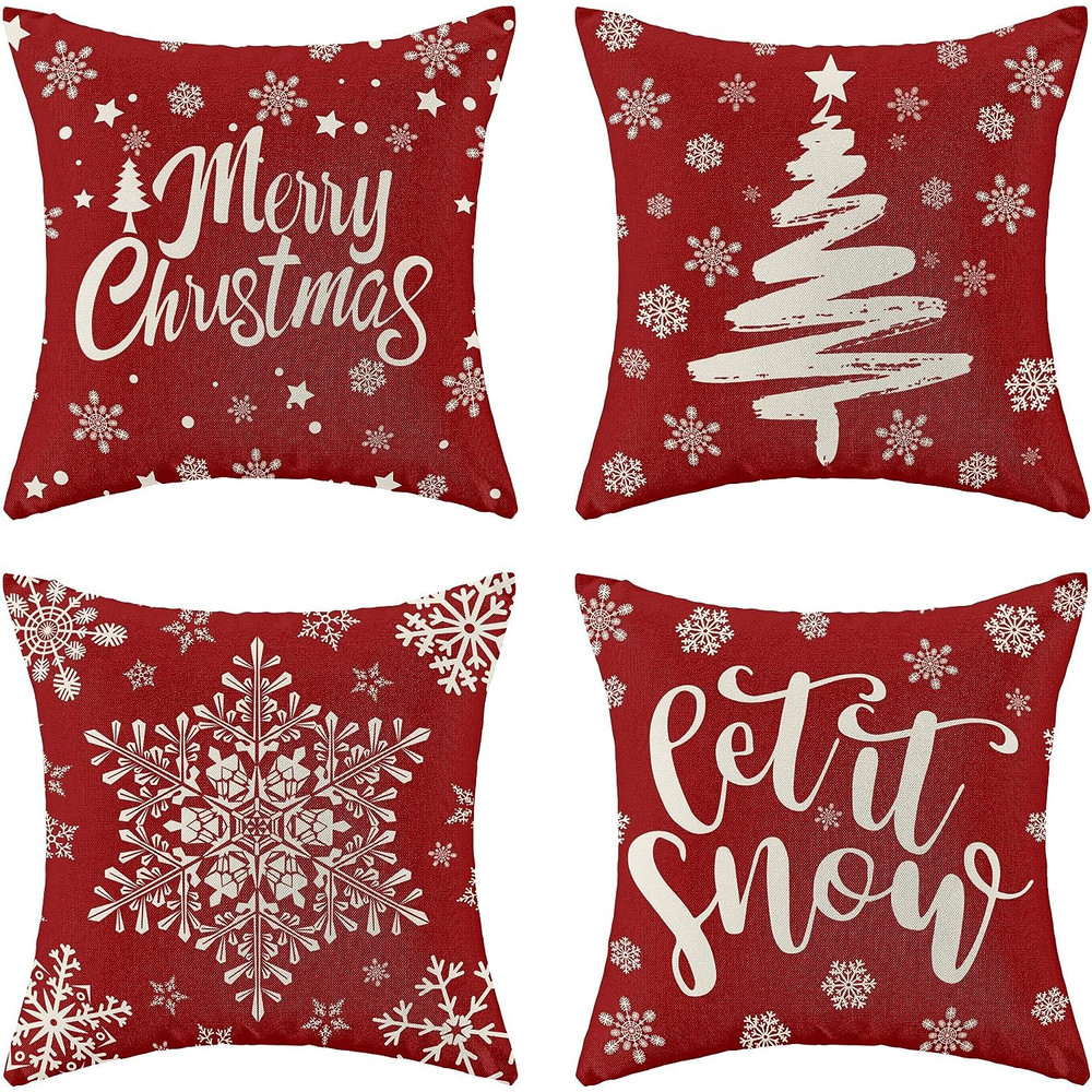 Red Christmas Pillowcase, Farmhouse Snowflake Pillow Cover, Christmas Linen Cushion, Sofa Home Decoration