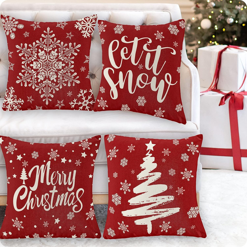 Red Christmas Pillowcase, Farmhouse Snowflake Pillow Cover, Christmas Linen Cushion, Sofa Home Decoration